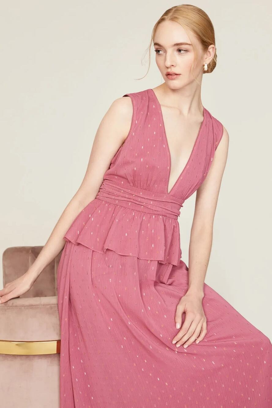 Anthropologie LDT Pink Dot Chiffon Peplum Waist V Neck Gown Womens Size 4 Small